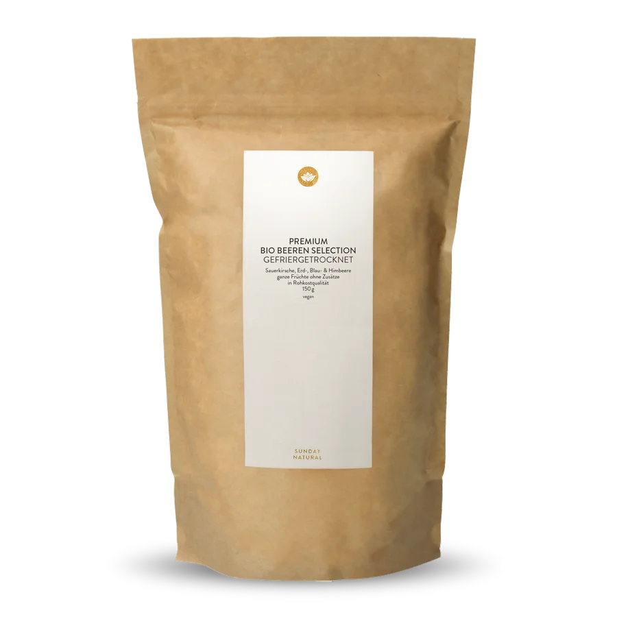 Mélange de fruits bio lyophilisées : fraise, myrtille, framboise et griotte 150 g