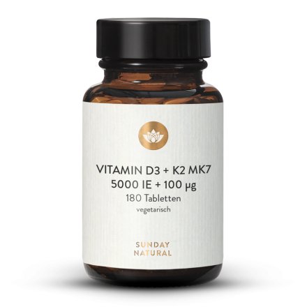 Vitamines D3 + K2 MK7 hautement dosées (5 000 UI + 100 µg)