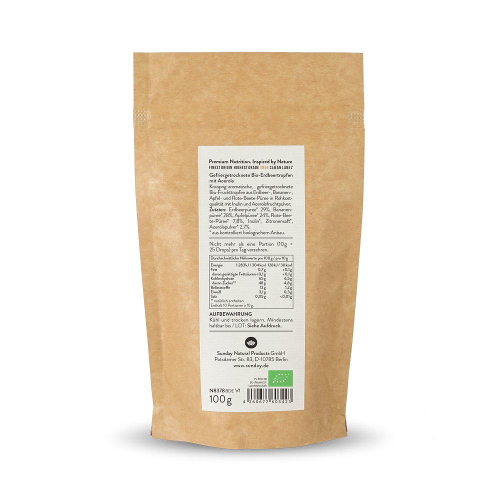 Koop nu biologische aardbei drops met acerola poeder