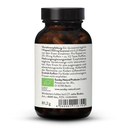 Bio Guarana Kapseln 700mg Kapseln 3,5-5% Koffein