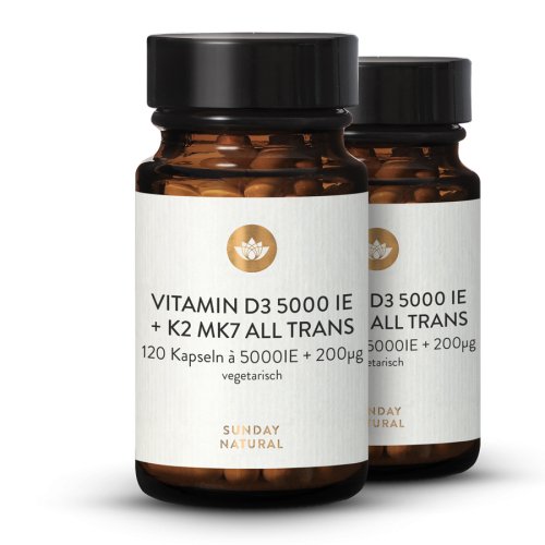 Vitamines D3 + K2 MK7 5 000 UI + 200 µg tout-trans dosage élevé