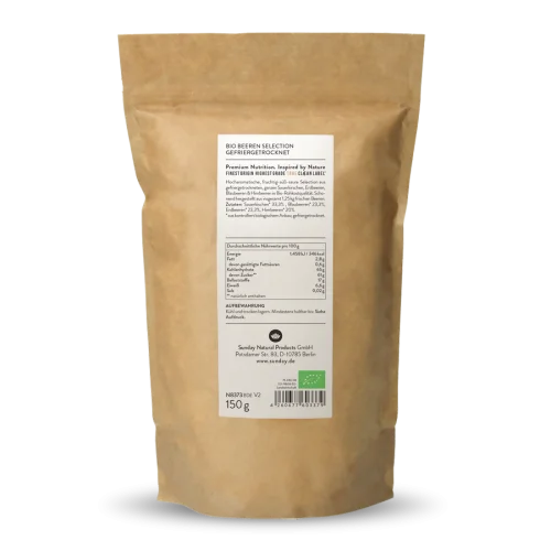 Mlange de fruits bio lyophilises : fraise, myrtille, framboise et griotte