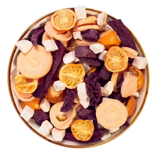 Mlange de lgumes bio lyophiliss : patate douce, carotte, tomate et betterave