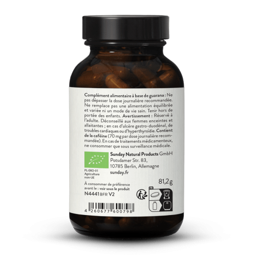 Guarana bio en glules, 3,5 - 5 % de cafine
