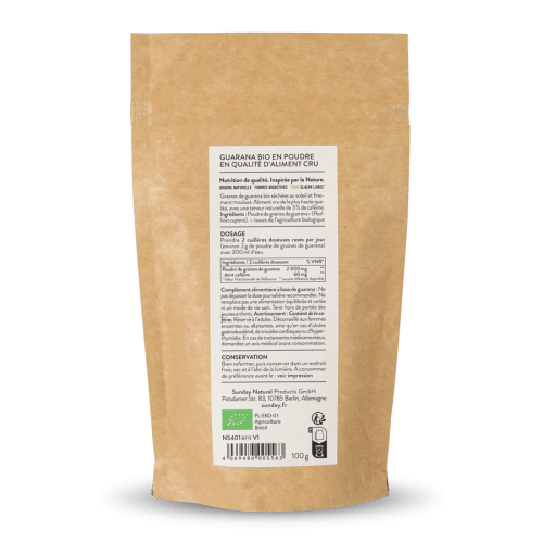 Guarana bio en poudre, en qualit d'aliment cru, 2,7  3,2 % de cafine