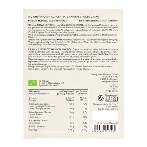 Organic Whey Protein Sachet Natural Cacao