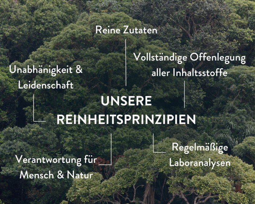 Sunday Natural Reinheitsprinzipien, Reine Zutaten, Regelm&auml;&szlig;ige Laboranalysen, Verantwortung f&uuml;r Mensch und Natur, Unabh&auml;ngigkeit und Leidenschaft, Vollst&auml;ndige Offenlegung aller Inhaltsstoffe