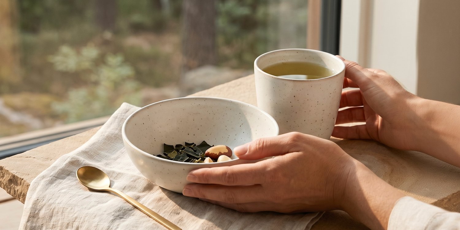 Schale mit Selen- und Jodhaltigen Lebensmitteln und eine Tasse Tee