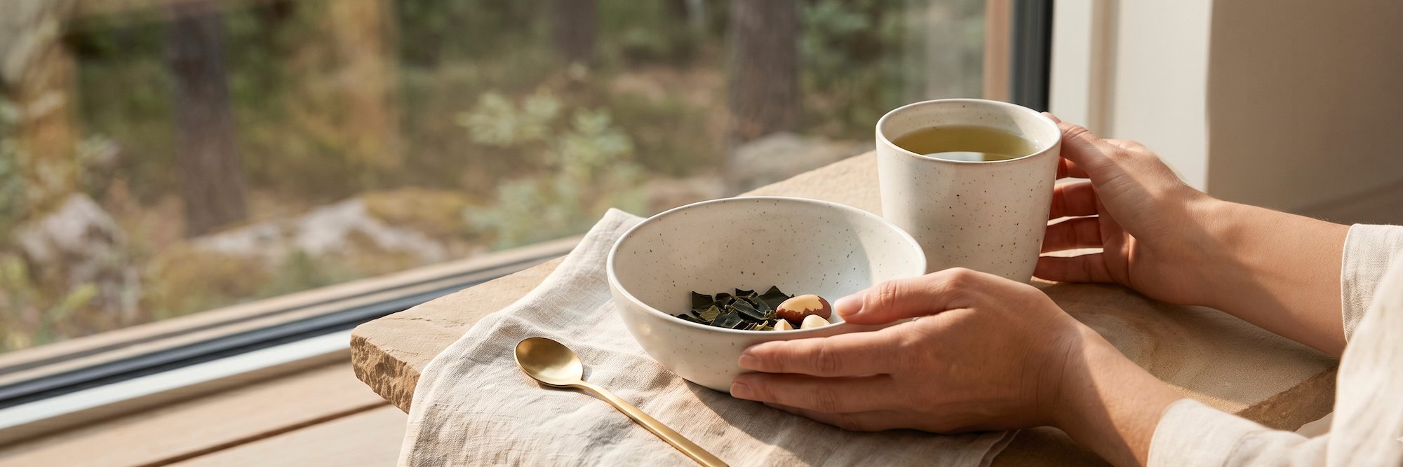 Schale mit Selen- und Jodhaltigen Lebensmitteln und eine Tasse Tee