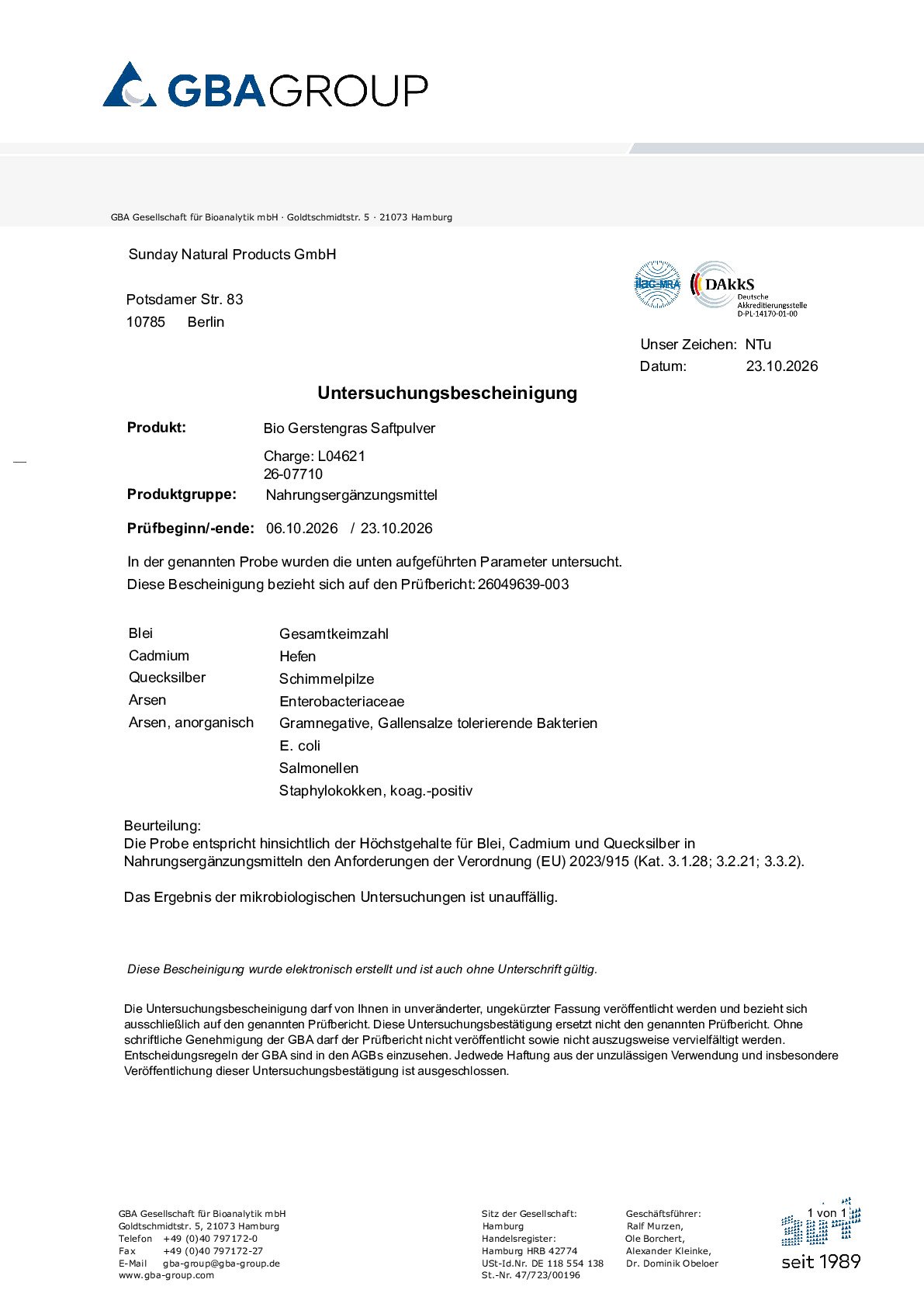 DEKLARACJA ZGODNOŚCI/METALE CIĘŻKIE/MIKROBIOLOGIA DEKLARACJA ZGODNOŚCI/METALE CIĘŻKIE/MIKROBIOLOGIA