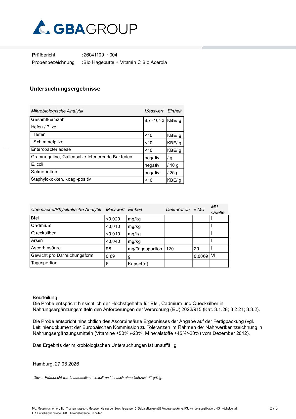 AKTIVE ZUTATEN/SCHWERMETALLE/MIKROBIOLOGIE