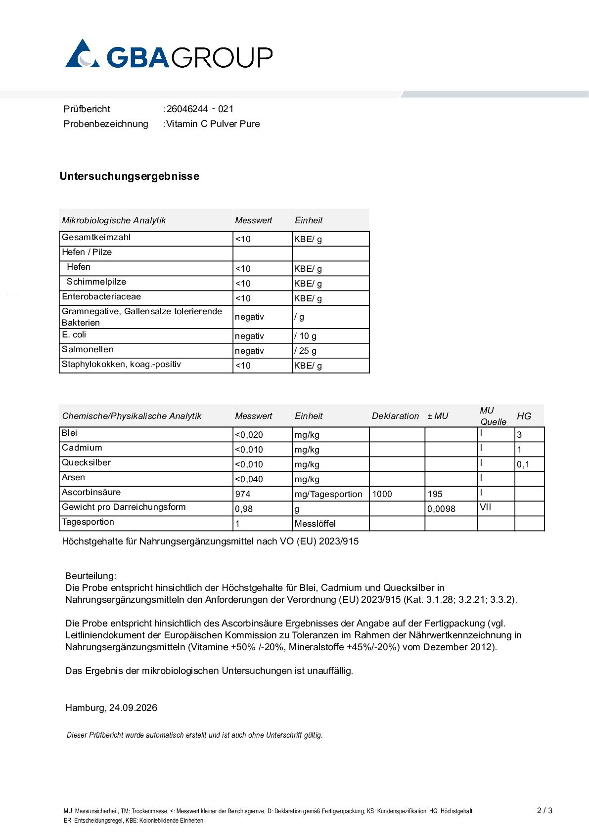 AKTIVE ZUTATEN/SCHWERMETALLE/MIKROBIOLOGIE