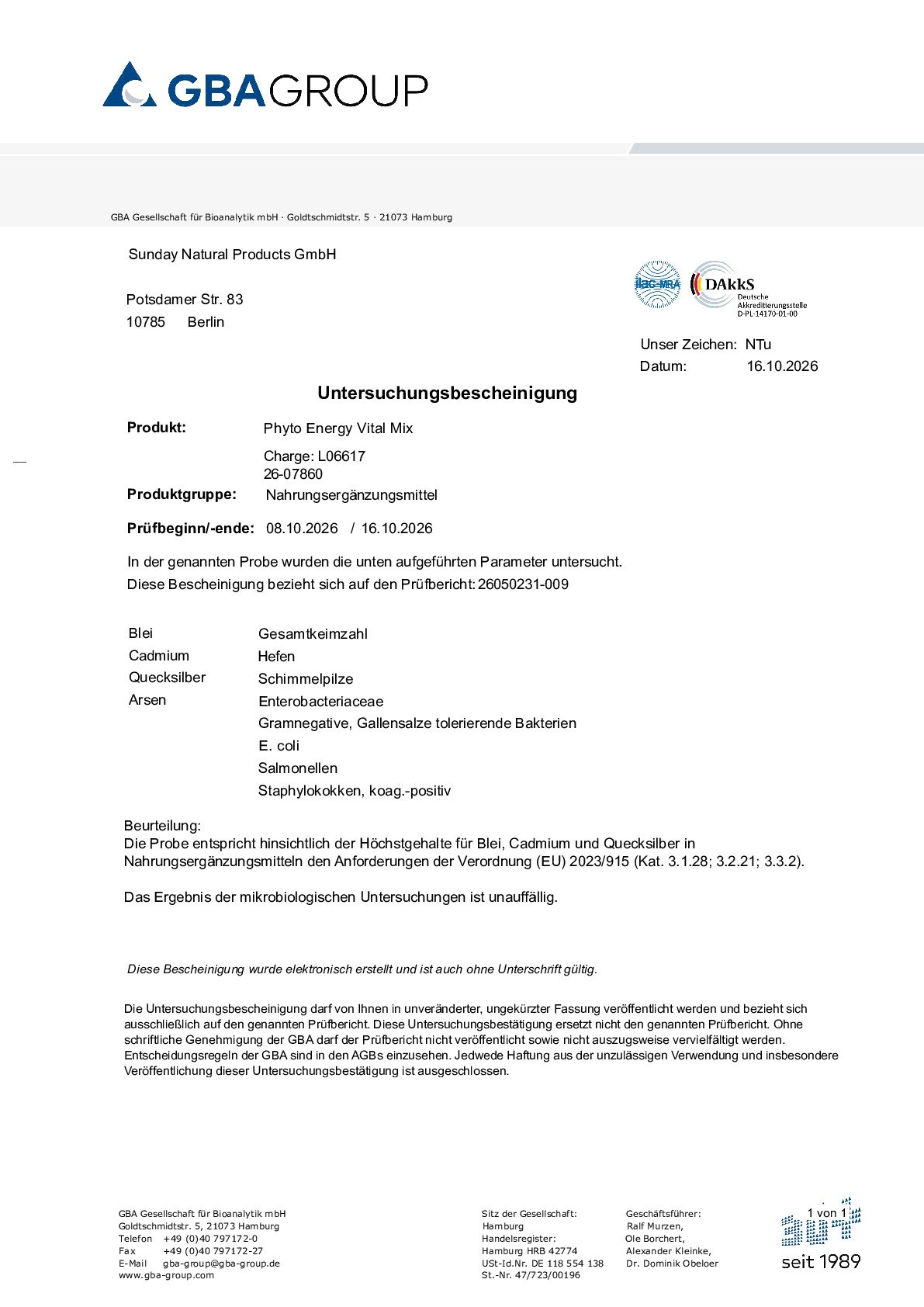 DÉCLARATION DE CONFORMITÉ/MÉTAUX LOURDS/MICROBIOLOGIE