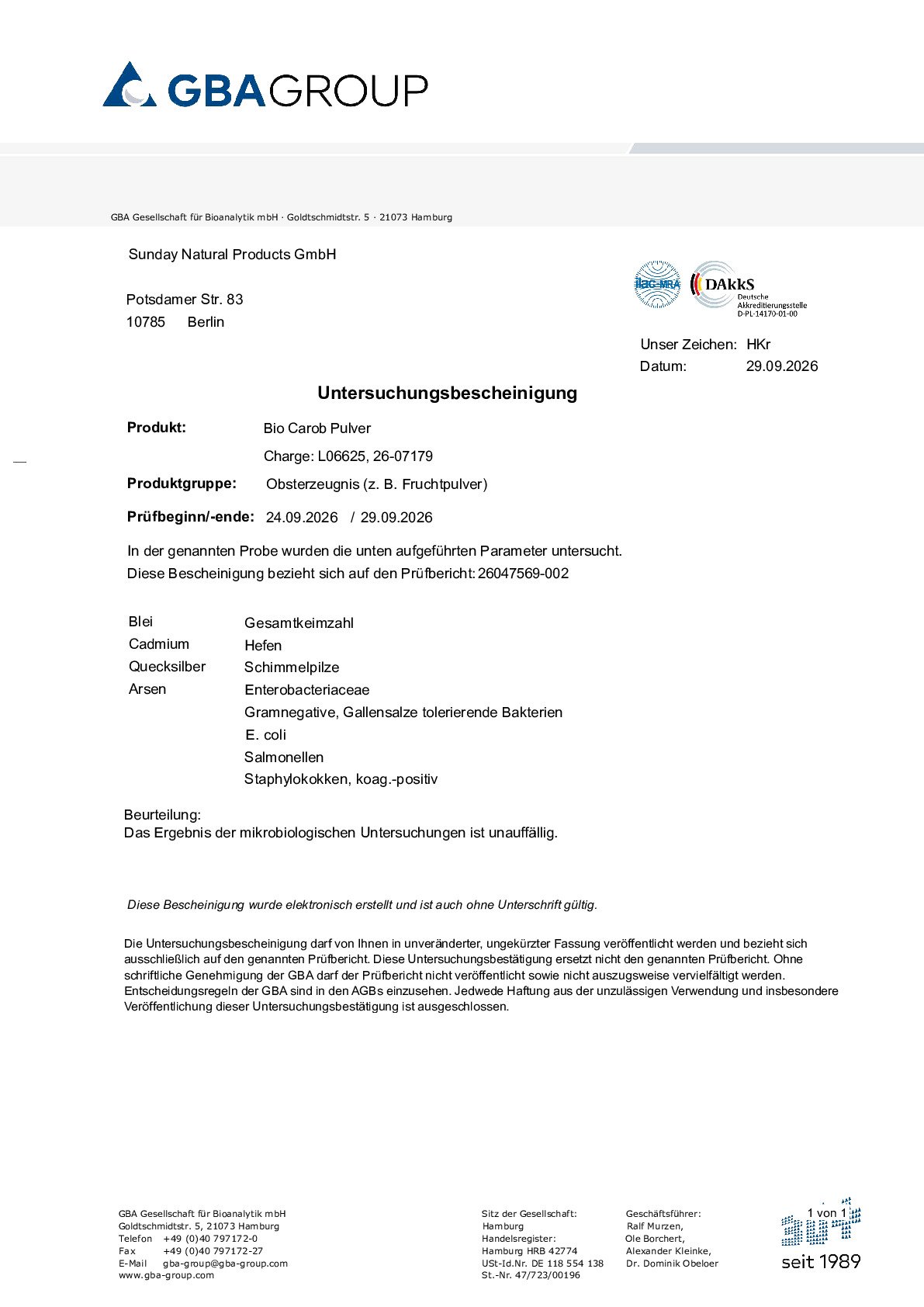 KONFORMITÄTSERKLÄRUNG/SCHWERMETALLE/MIKROBIOLOGIE