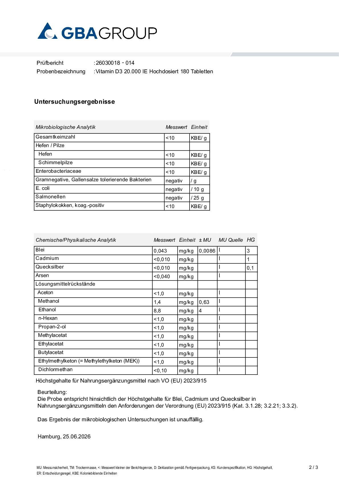 SCHWERMETALLE/MIKROBIOLOGIE/RESTLÖSUNGSMITTEL