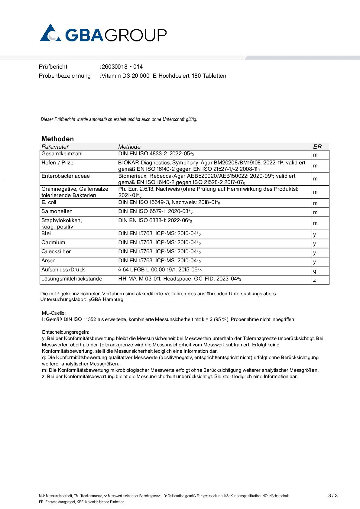 SCHWERMETALLE/MIKROBIOLOGIE/RESTLÖSUNGSMITTEL
