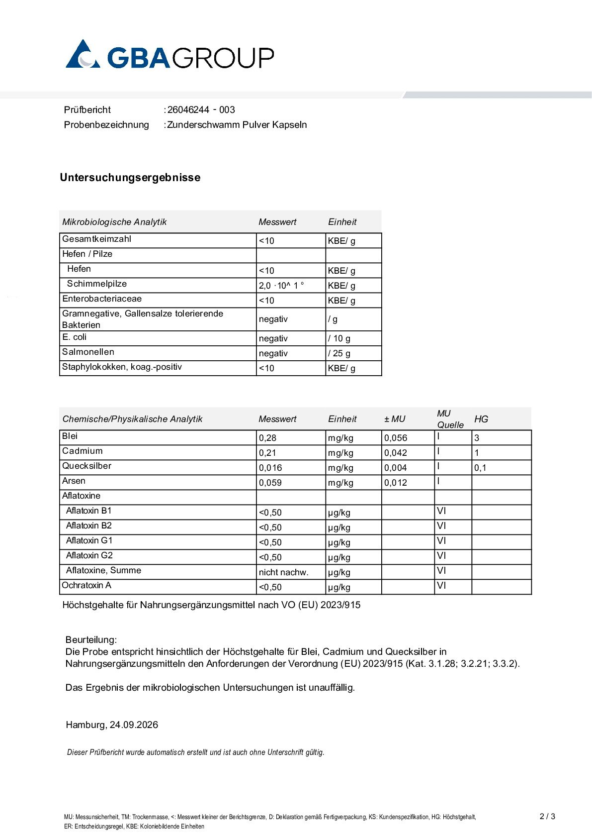 SCHWERMETALLE/MIKROBIOLOGIE/MYKOTOXINE SCHWERMETALLE/MIKROBIOLOGIE/MYKOTOXINE