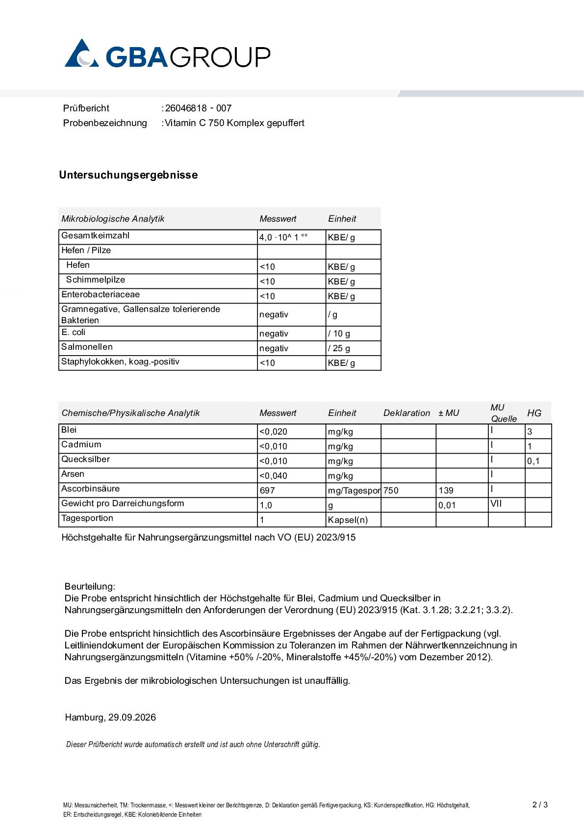 SCHWERMETALLE/MIKROBIOLOGIE/VITAMINE