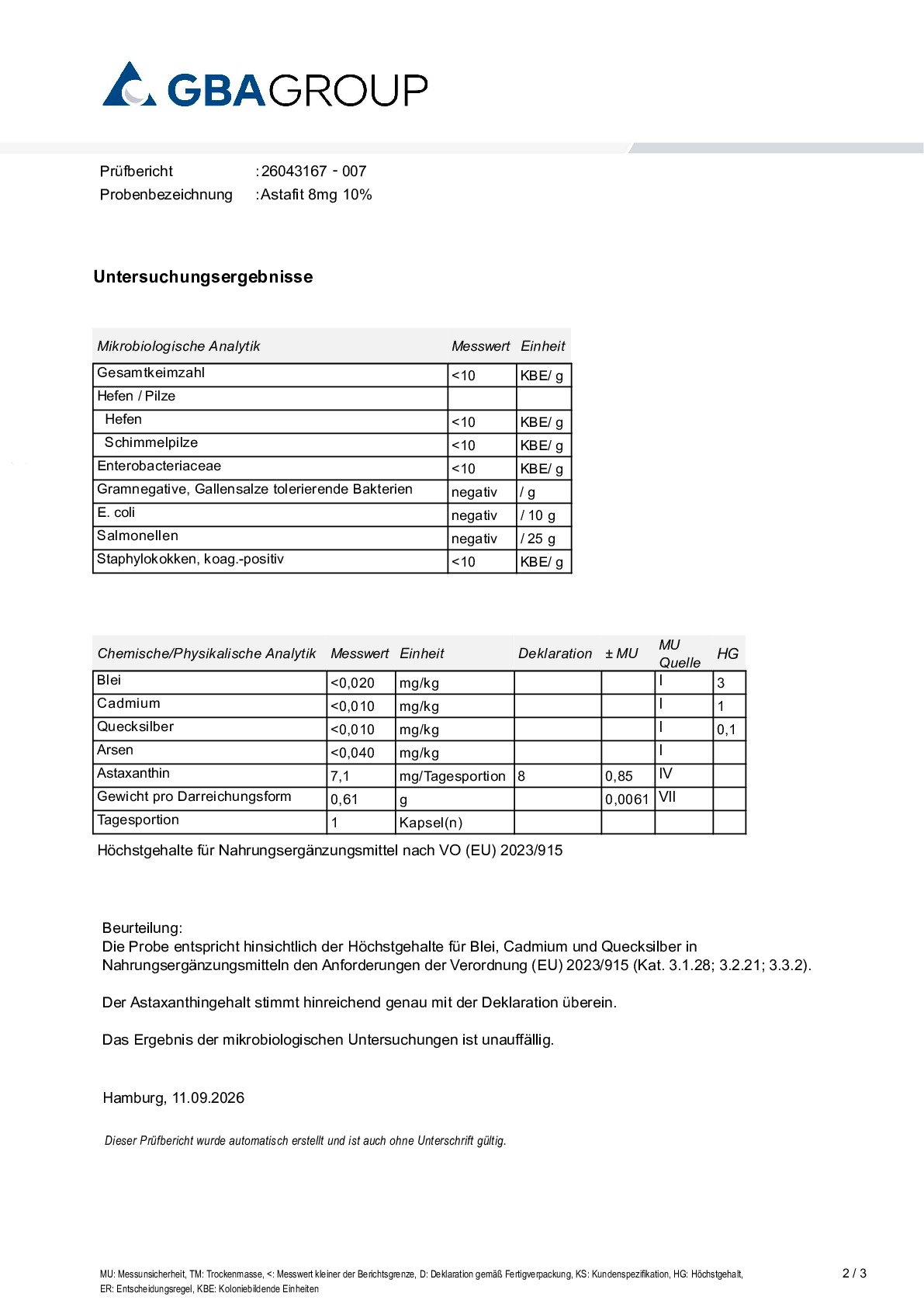AKTIVER ZUTATEN/SCHWERMETALLE/MIKROBIOLOGIE