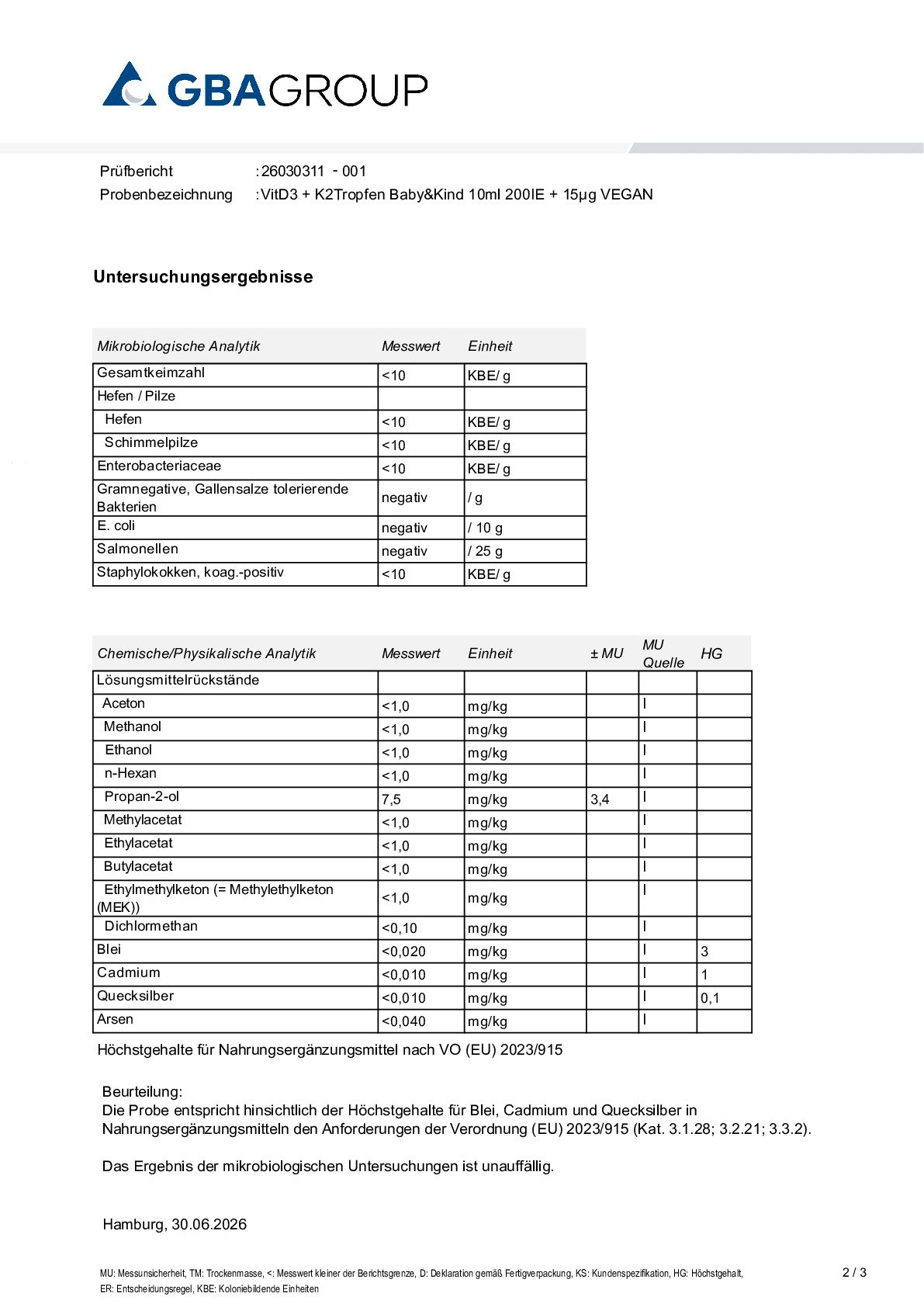 SCHWERMETALLE/MIKROBIOLOGIE/RESTLÖSUNGSMITTEL SCHWERMETALLE/MIKROBIOLOGIE/RESTLÖSUNGSMITTEL