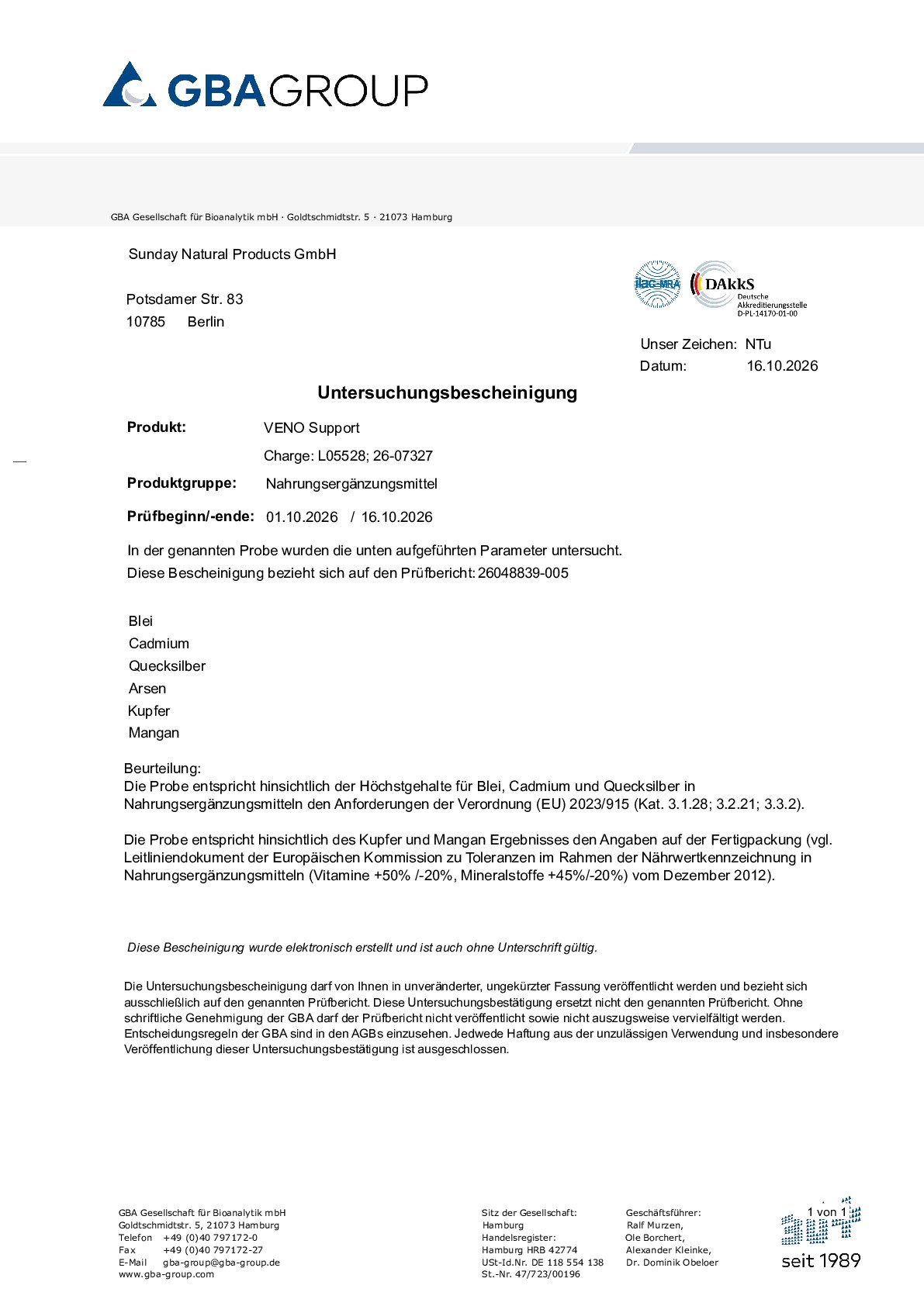 PRINCIPES ACTIFS/DÉCLARATION DE CONFORMITÉ/MÉTAUX LOURDS
